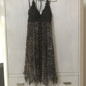 Fairy Cache Brown and Black Leopard-Print Lace Bodice Slip Dress